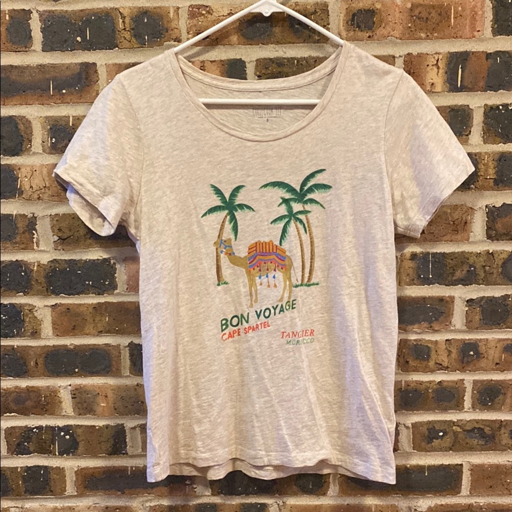 J. Crew collector’s tee, 100% cotton camel/palm tree graphic “bon voyage”, W’s S